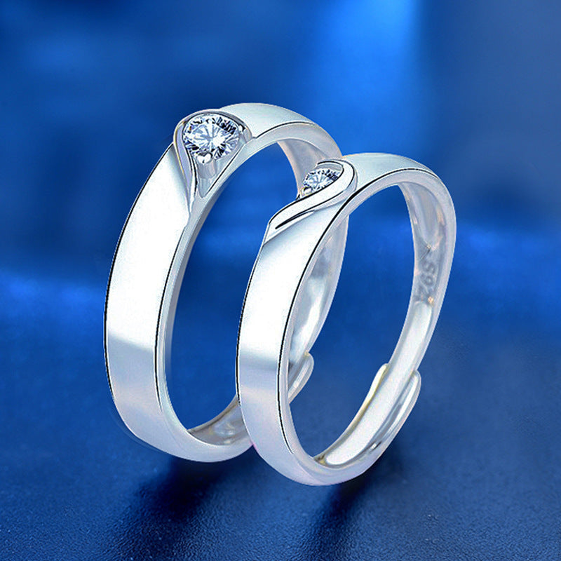925 Sterling Silver Heart Couple Rings with Zircon - Triple White Gold Plated Minimalist Matching Bands