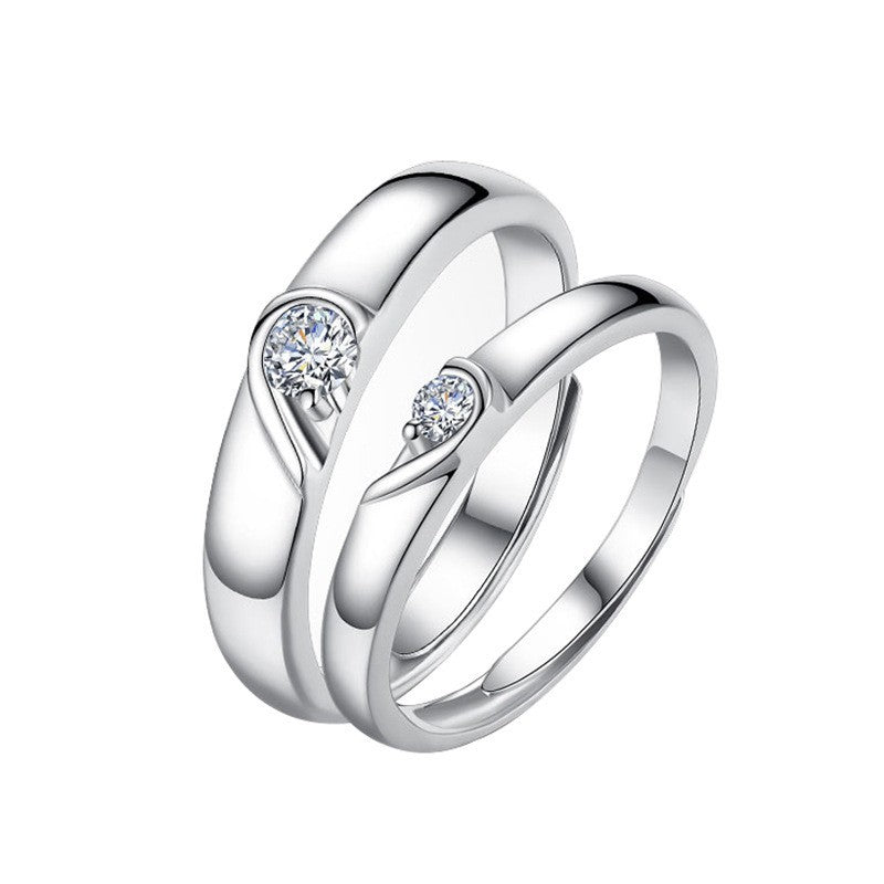 925 Sterling Silver Heart Couple Rings with Zircon - Triple White Gold Plated Minimalist Matching Bands