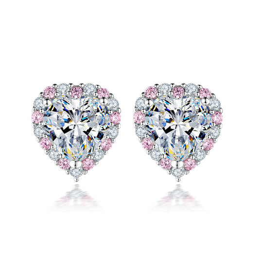 925 Sterling Silver Heart Earrings for Women Elegant Pink Zircon Stud Earrings White Gold Plated 2g