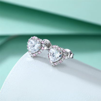 925 Sterling Silver Heart Earrings for Women Elegant Pink Zircon Stud Earrings White Gold Plated 2g
