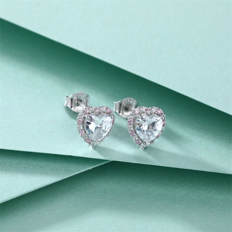 925 Sterling Silver Heart Earrings for Women Elegant Pink Zircon Stud Earrings White Gold Plated 2g
