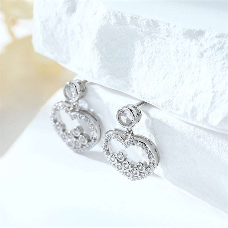 925 Sterling Silver Heart Earrings for Women Elegant Zircon Stud Earrings Trendy Love Shape Jewelry White Gold Plated 3.2g