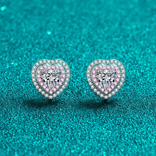 925 Sterling Silver Heart Halo Stud Earrings with Moissanite – PT950 Rose Gold Plated