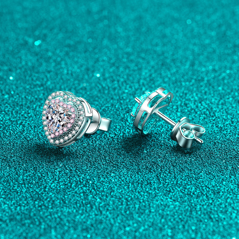 925 Sterling Silver Heart Halo Stud Earrings with Moissanite – PT950 Rose Gold Plated