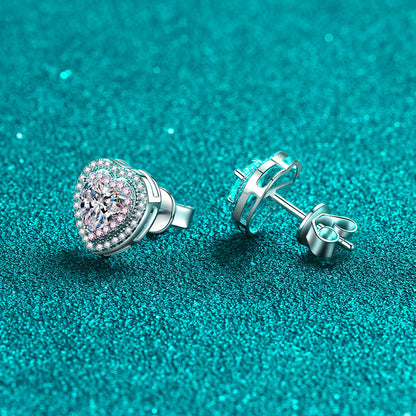 925 Sterling Silver Heart Halo Stud Earrings with Moissanite – PT950 Rose Gold Plated