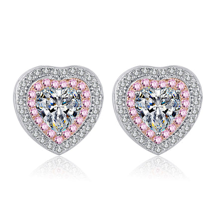 925 Sterling Silver Heart Halo Stud Earrings with Moissanite – PT950 Rose Gold Plated