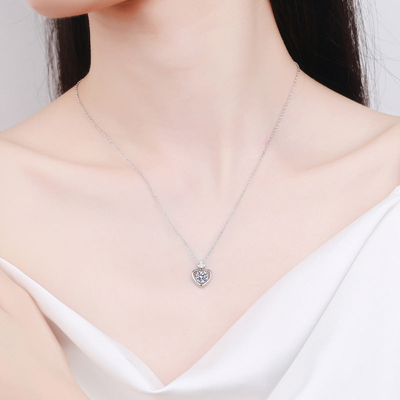 925 Sterling Silver Heart Pendant Multi-Layer Necklace with 1ct Moissanite Cross Chain Women's Rhodium Plated Jewelry