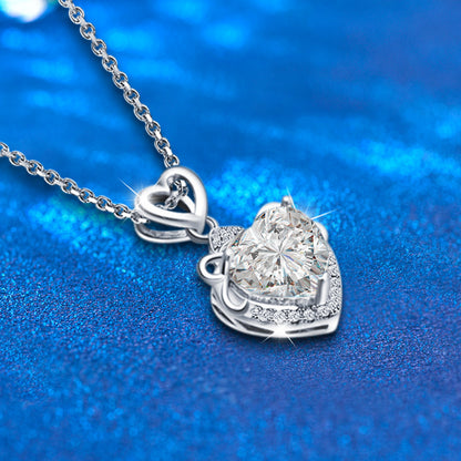 925 Sterling Silver Heart Pendant Multi-Layer Necklace with 2ct Moissanite Cross Chain Women's Rhodium Plated Luxury Jewelry