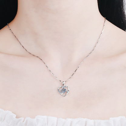 925 Sterling Silver Heart Pendant Necklace - 0.8CT Moissanite Short Collarbone Chain