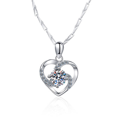 925 Sterling Silver Heart Pendant Necklace - 0.8CT Moissanite Short Collarbone Chain