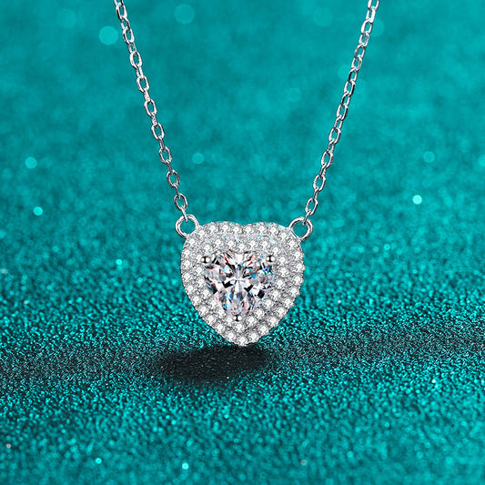 925 Sterling Silver Heart Pendant Necklace - 1CT Moissanite PT950-Plated Chinese Inspired Collarbone Chain