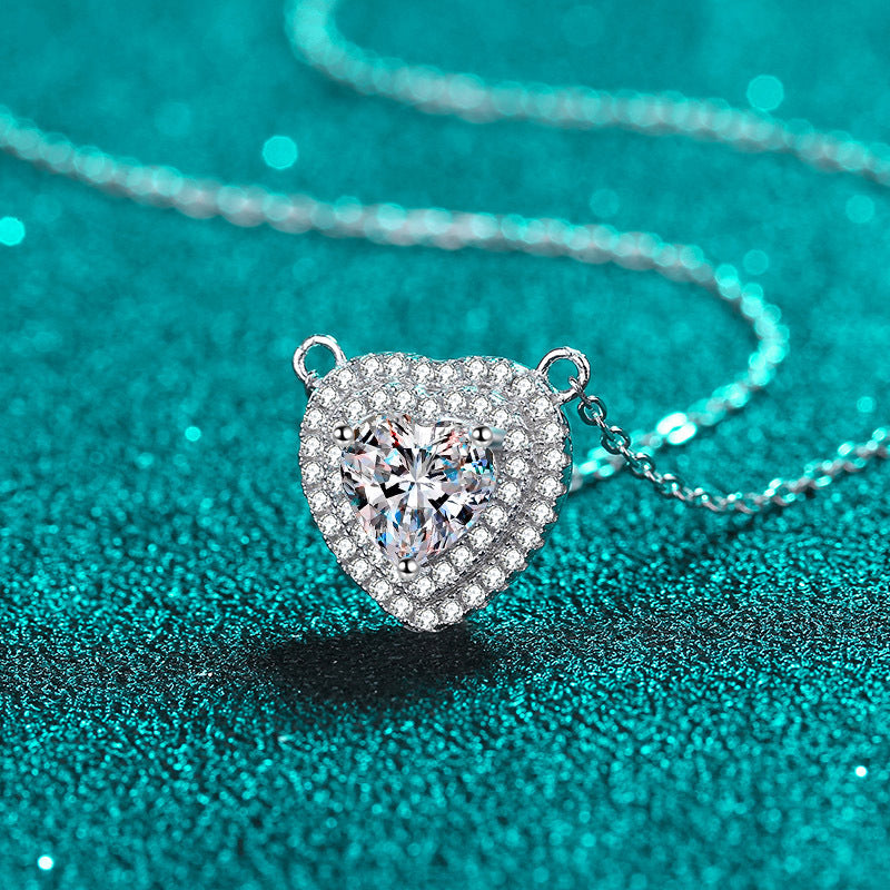 925 Sterling Silver Heart Pendant Necklace - 1CT Moissanite PT950-Plated Chinese Inspired Collarbone Chain