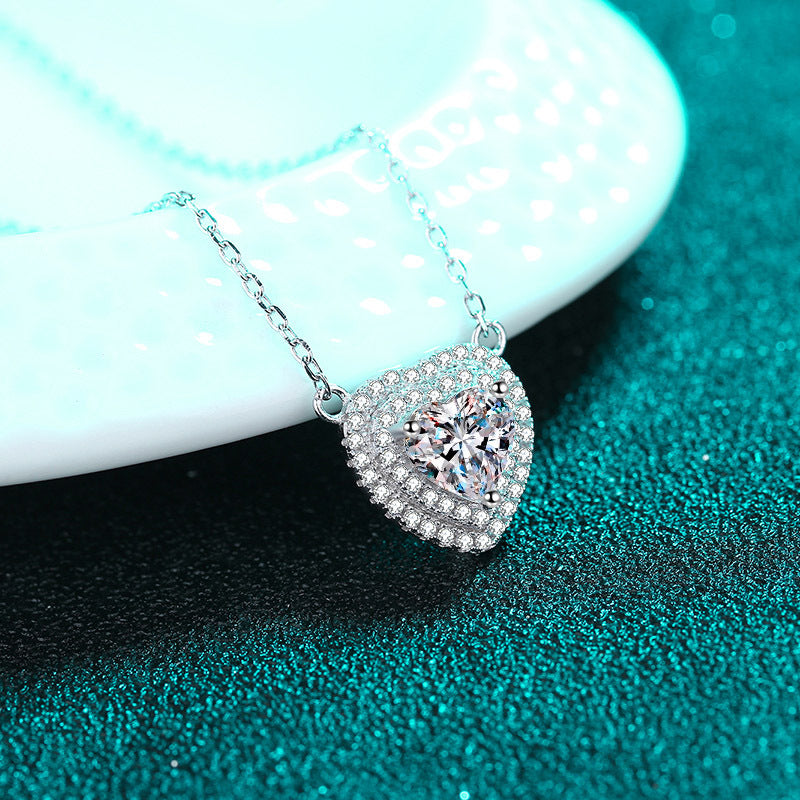 925 Sterling Silver Heart Pendant Necklace - 1CT Moissanite PT950-Plated Chinese Inspired Collarbone Chain