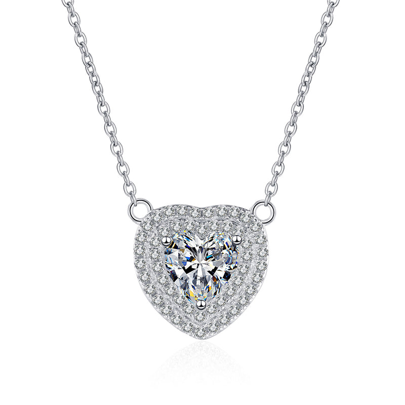 925 Sterling Silver Heart Pendant Necklace - 1CT Moissanite PT950-Plated Chinese Inspired Collarbone Chain