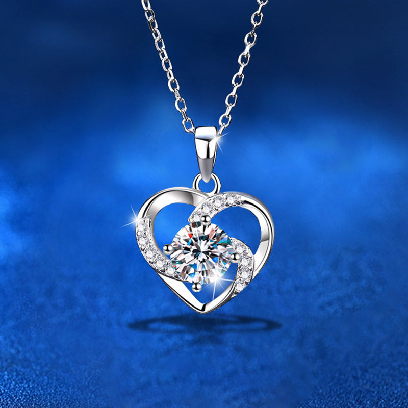 925 Sterling Silver Heart Pendant Necklace with 1ct Moissanite & Classic Chain White Gold Plated Women's Elegant Jewelry