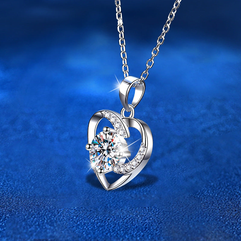 925 Sterling Silver Heart Pendant Necklace with 1ct Moissanite & Classic Chain White Gold Plated Women's Elegant Jewelry