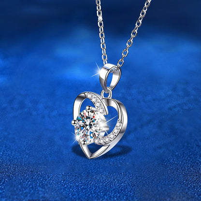 925 Sterling Silver Heart Pendant Necklace with 1ct Moissanite & Classic Chain White Gold Plated Women's Elegant Jewelry