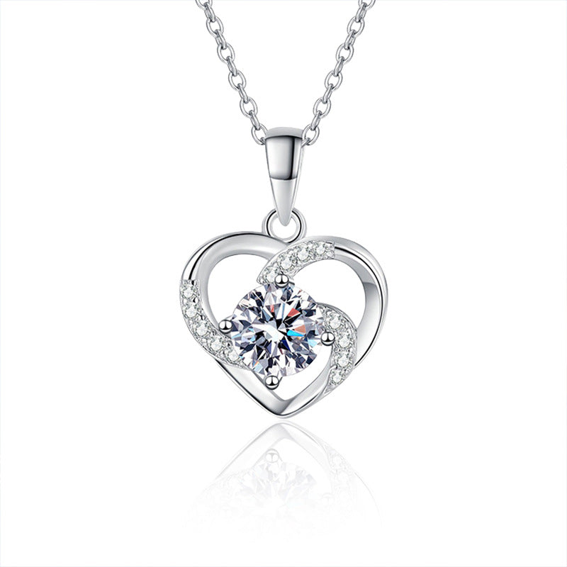 925 Sterling Silver Heart Pendant Necklace with 1ct Moissanite & Classic Chain White Gold Plated Women's Elegant Jewelry