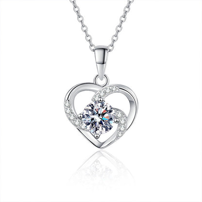 925 Sterling Silver Heart Pendant Necklace with 1ct Moissanite & Classic Chain White Gold Plated Women's Elegant Jewelry