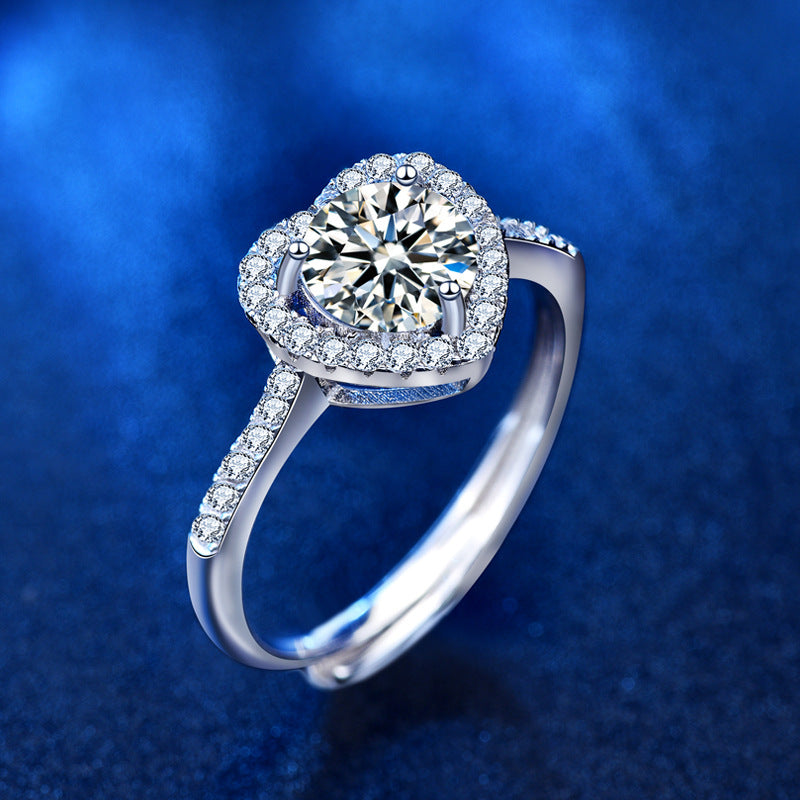 925 Sterling Silver Heart Ring with 1ct Moissanite - 0.05um White Gold Plated Adjustable Women's Band