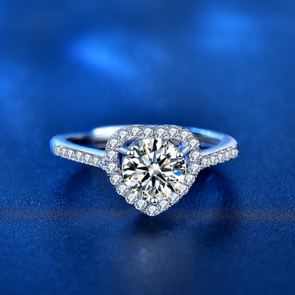 925 Sterling Silver Heart Ring with 1ct Moissanite - 0.05um White Gold Plated Adjustable Women's Band