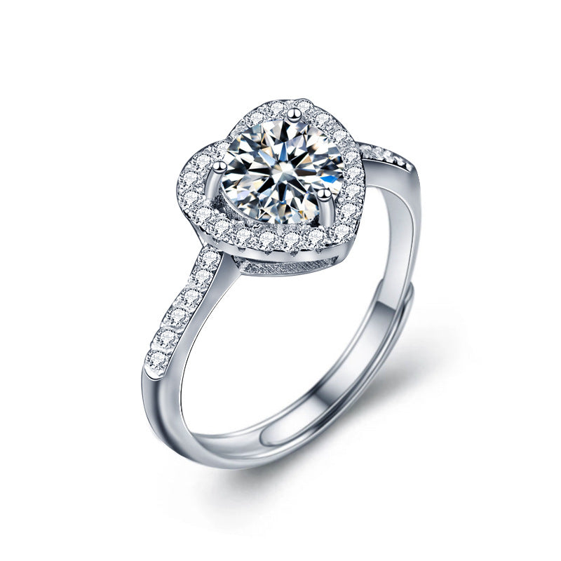925 Sterling Silver Heart Ring with 1ct Moissanite - 0.05um White Gold Plated Adjustable Women's Band