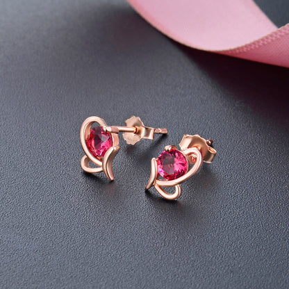 925 Sterling Silver Heart Stud Earrings - Minimalist Crystal Accent Geometric Earrings with Plastic Stoppers