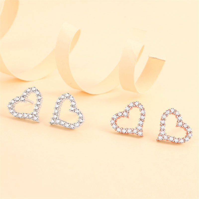 925 Sterling Silver Heart Stud Earrings – Korean-Inspired Rose Gold & White Gold Jewelry