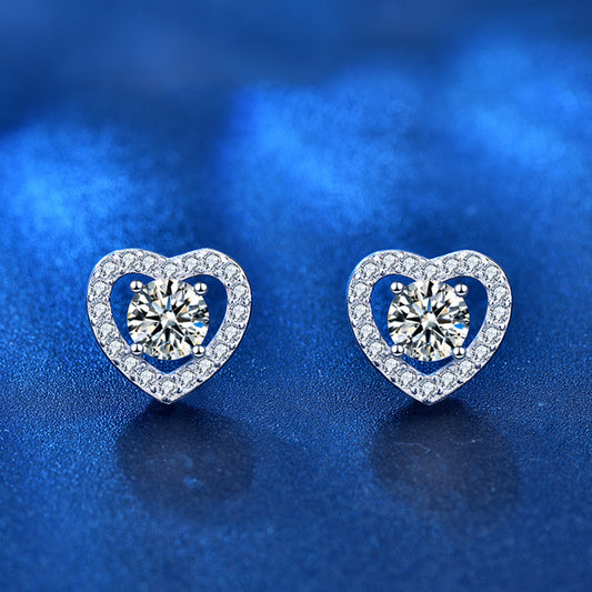 925 Sterling Silver Heart Stud Earrings with 0.5ct/1ct Moissanite (8 Hearts & Arrows Cut) - Minimalist Love Jewelry for Women