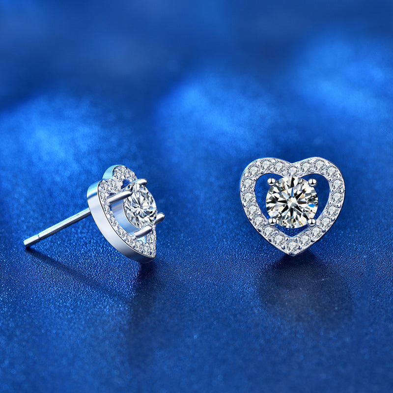 925 Sterling Silver Heart Stud Earrings with 0.5ct/1ct Moissanite (8 Hearts & Arrows Cut) - Minimalist Love Jewelry for Women