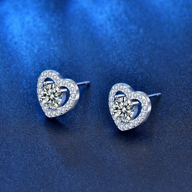 925 Sterling Silver Heart Stud Earrings with 0.5ct/1ct Moissanite (8 Hearts & Arrows Cut) - Minimalist Love Jewelry for Women