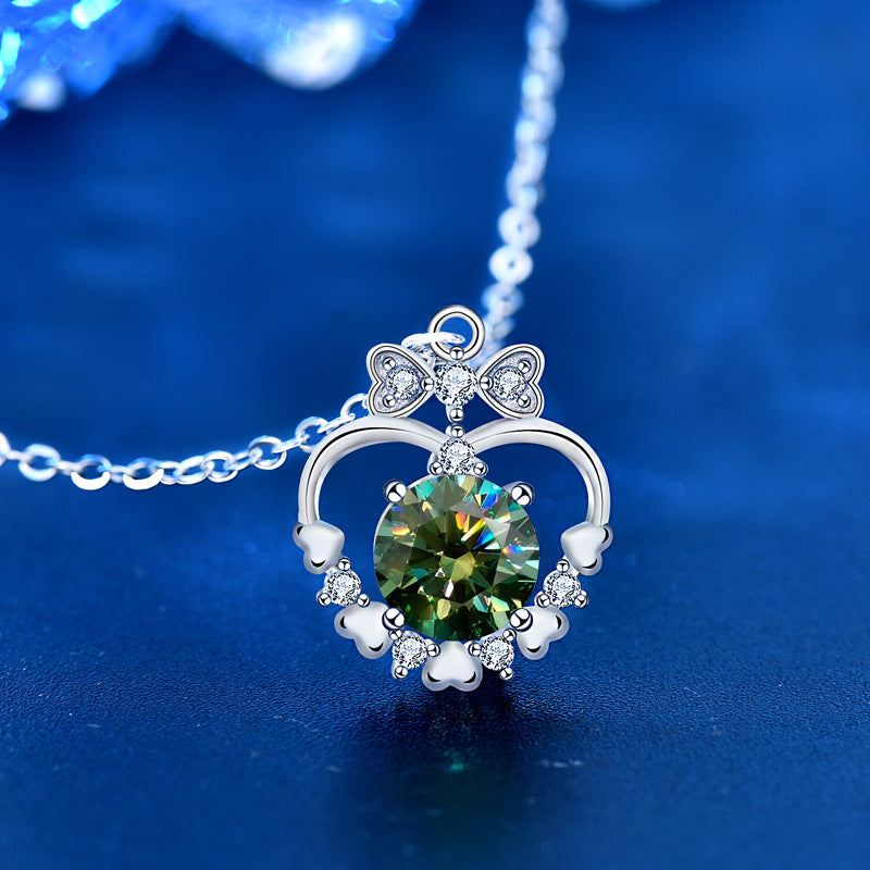 925 Sterling Silver Heart & Bow Pendant Necklace with 1ct Moissanite - Green or White Diamond Cross Chain Unique Jewelry
