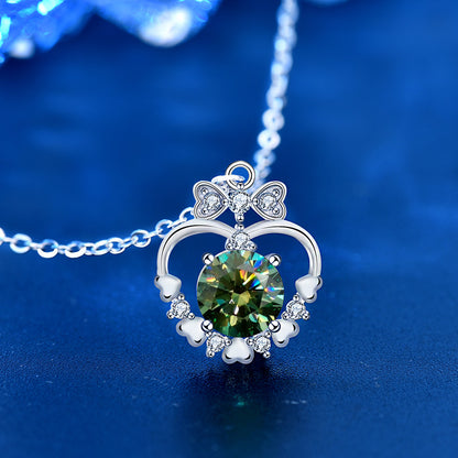 925 Sterling Silver Heart & Bow Pendant Necklace with 1ct Moissanite - Green or White Diamond Cross Chain Unique Jewelry