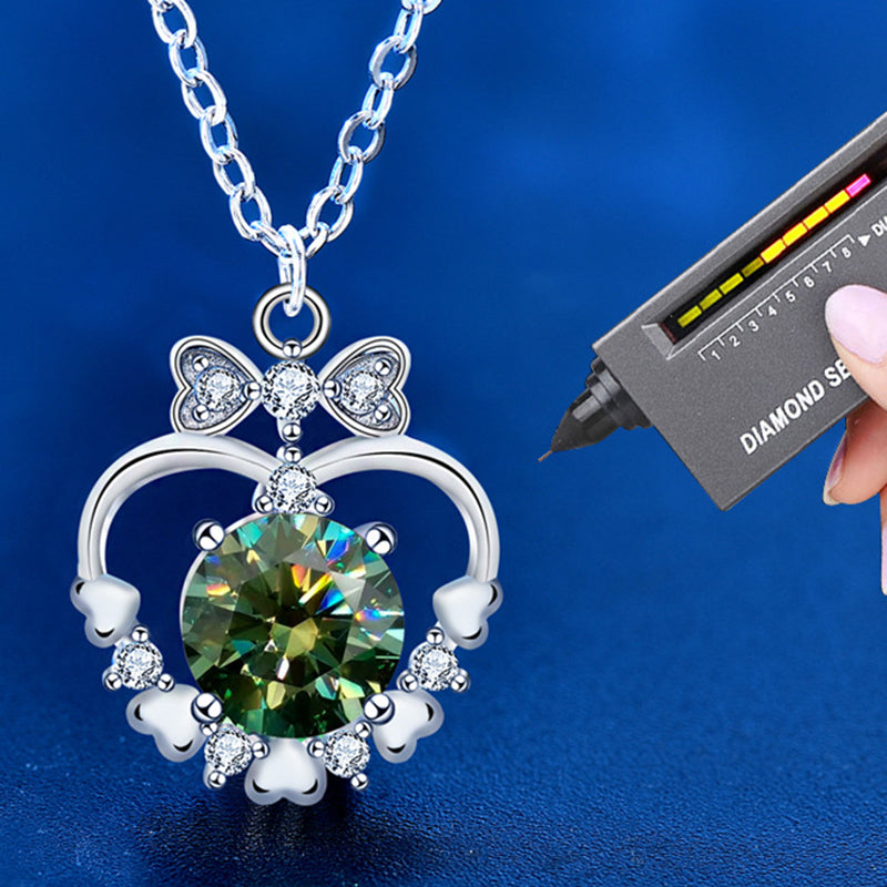 925 Sterling Silver Heart & Bow Pendant Necklace with 1ct Moissanite - Green or White Diamond Cross Chain Unique Jewelry