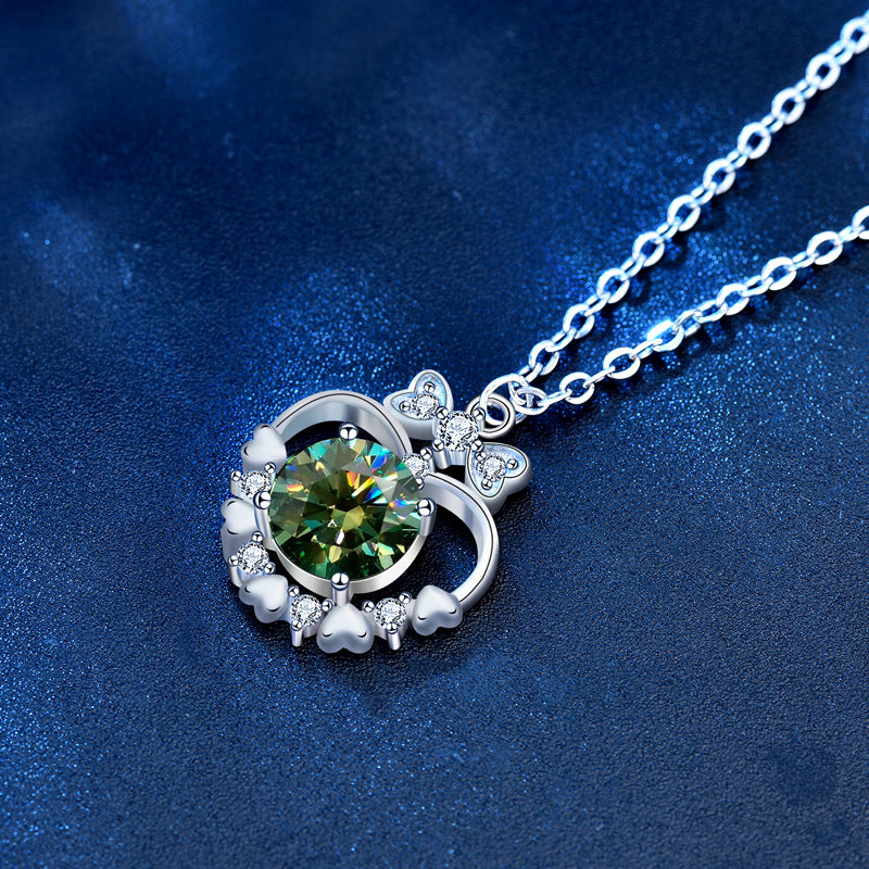 925 Sterling Silver Heart & Bow Pendant Necklace with 1ct Moissanite - Green or White Diamond Cross Chain Unique Jewelry