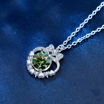 925 Sterling Silver Heart & Bow Pendant Necklace with 1ct Moissanite - Green or White Diamond Cross Chain Unique Jewelry