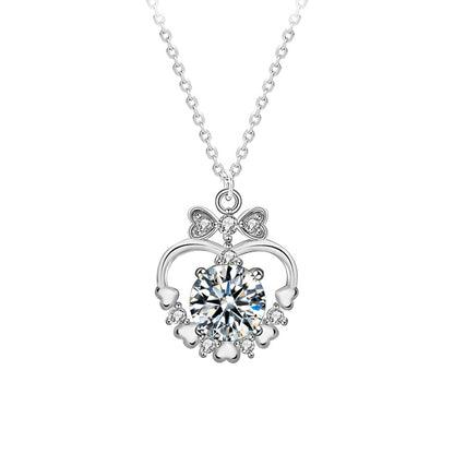 925 Sterling Silver Heart & Bow Pendant Necklace with 1ct Moissanite - Green or White Diamond Cross Chain Unique Jewelry