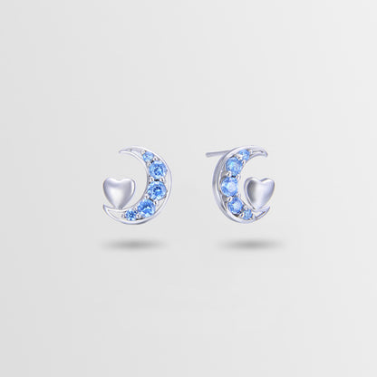 925 Sterling Silver Heart & Moon Stud Earrings - White Gold/Rose Gold Plated CZ Earrings with Plastic Backs