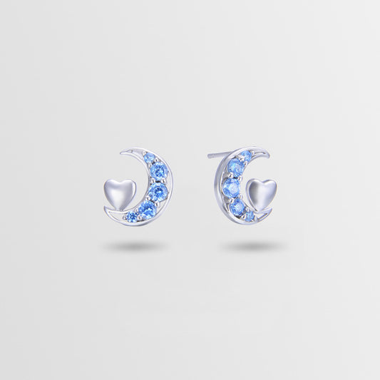 925 Sterling Silver Heart & Moon Stud Earrings - White Gold/Rose Gold Plated CZ Earrings with Plastic Backs
