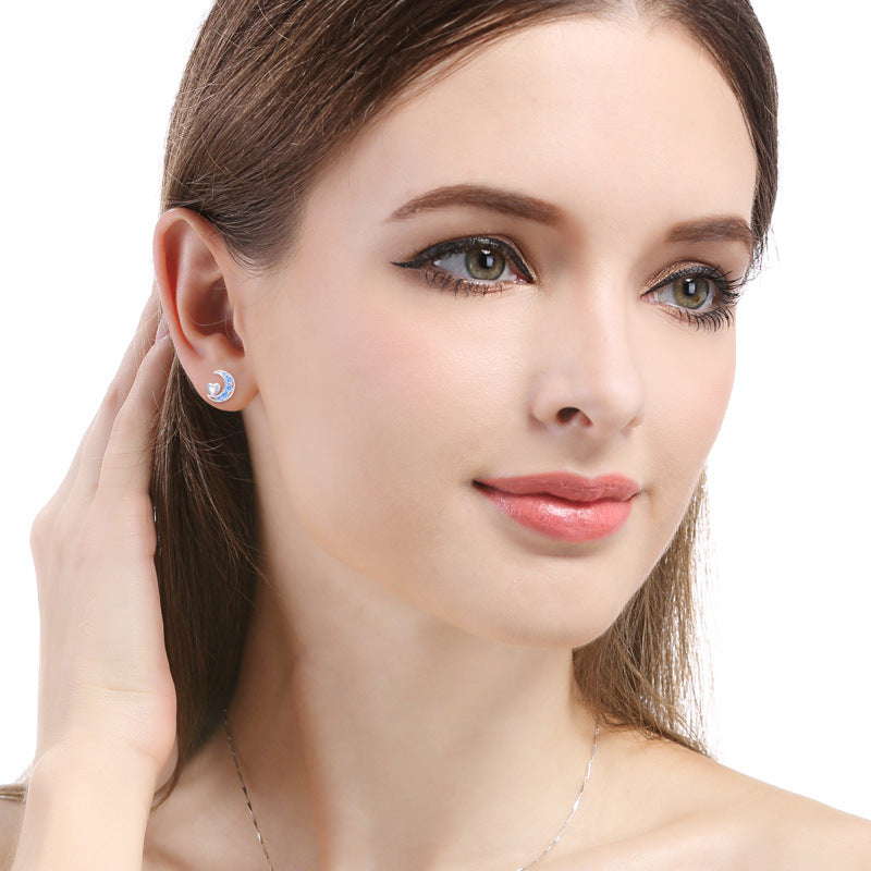 925 Sterling Silver Heart & Moon Stud Earrings - White Gold/Rose Gold Plated CZ Earrings with Plastic Backs