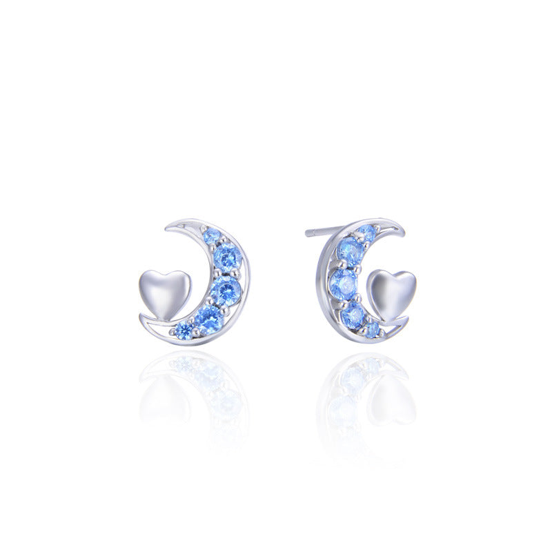 925 Sterling Silver Heart & Moon Stud Earrings - White Gold/Rose Gold Plated CZ Earrings with Plastic Backs