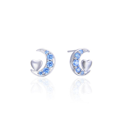 925 Sterling Silver Heart & Moon Stud Earrings - White Gold/Rose Gold Plated CZ Earrings with Plastic Backs