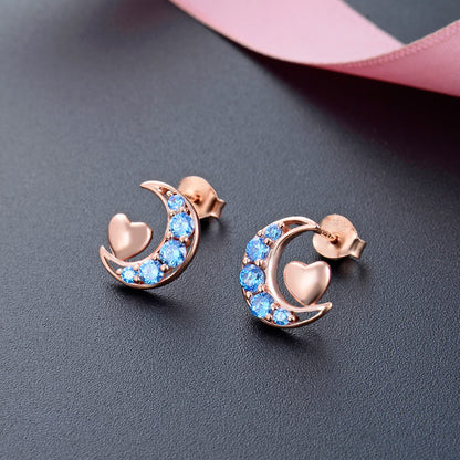 925 Sterling Silver Heart & Moon Stud Earrings - White Gold/Rose Gold Plated CZ Earrings with Plastic Backs