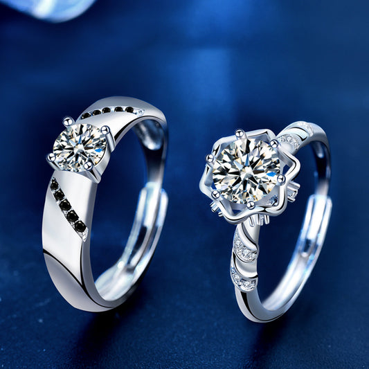 925 Sterling Silver Hexagon Couple Rings His & Hers Adjustable Moissanite Bands (0.5ct & 1ct) White Gold Plated Edgy Love Jewelry