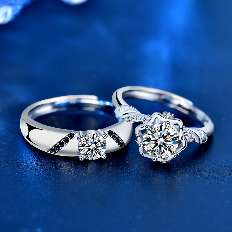 925 Sterling Silver Hexagon Couple Rings His & Hers Adjustable Moissanite Bands (0.5ct & 1ct) White Gold Plated Edgy Love Jewelry