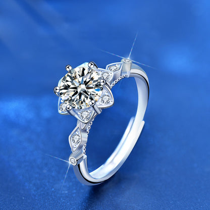 925 Sterling Silver Hexagram Adjustable Ring with 1ct Moissanite - White Gold Plated Minimalist Women's Band