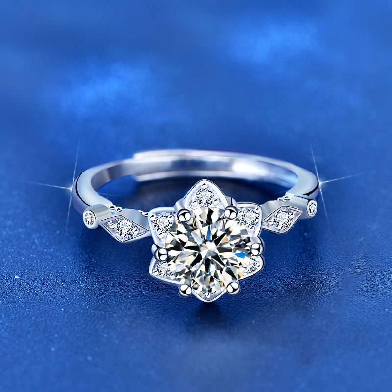 925 Sterling Silver Hexagram Adjustable Ring with 1ct Moissanite - White Gold Plated Minimalist Women's Band