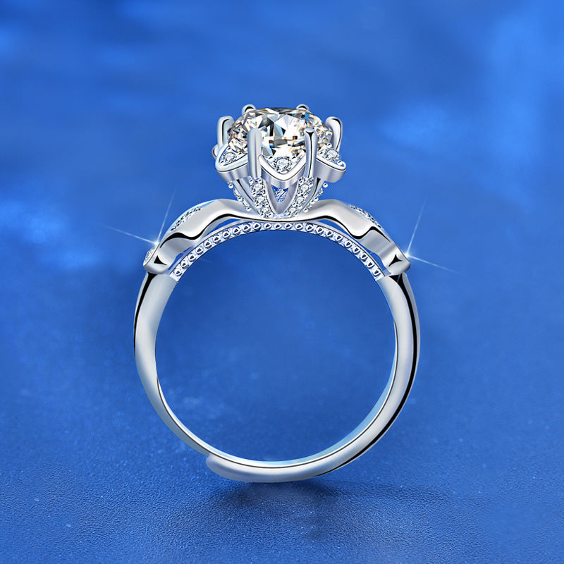 925 Sterling Silver Hexagram Adjustable Ring with 1ct Moissanite - White Gold Plated Minimalist Women's Band
