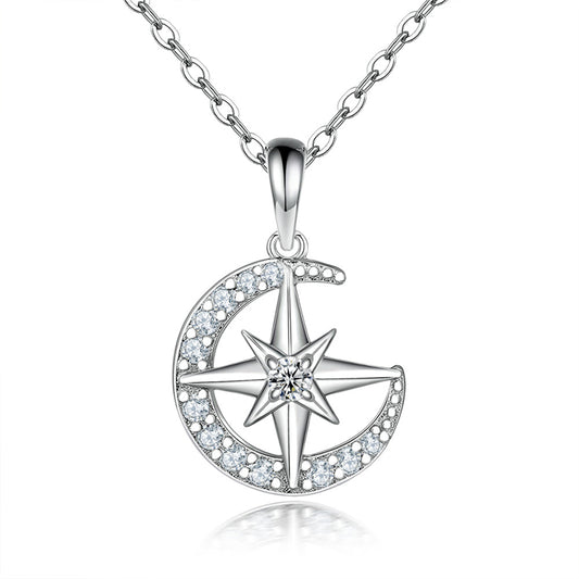 925 Sterling Silver Hexagram Pendant Necklace - Elegant Star & Moon Collarbone Chain
