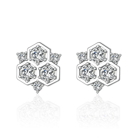 925 Sterling Silver Honeycomb Earrings for Women Geometric Hexagon Stud Earrings with Tassel White Gold Plated